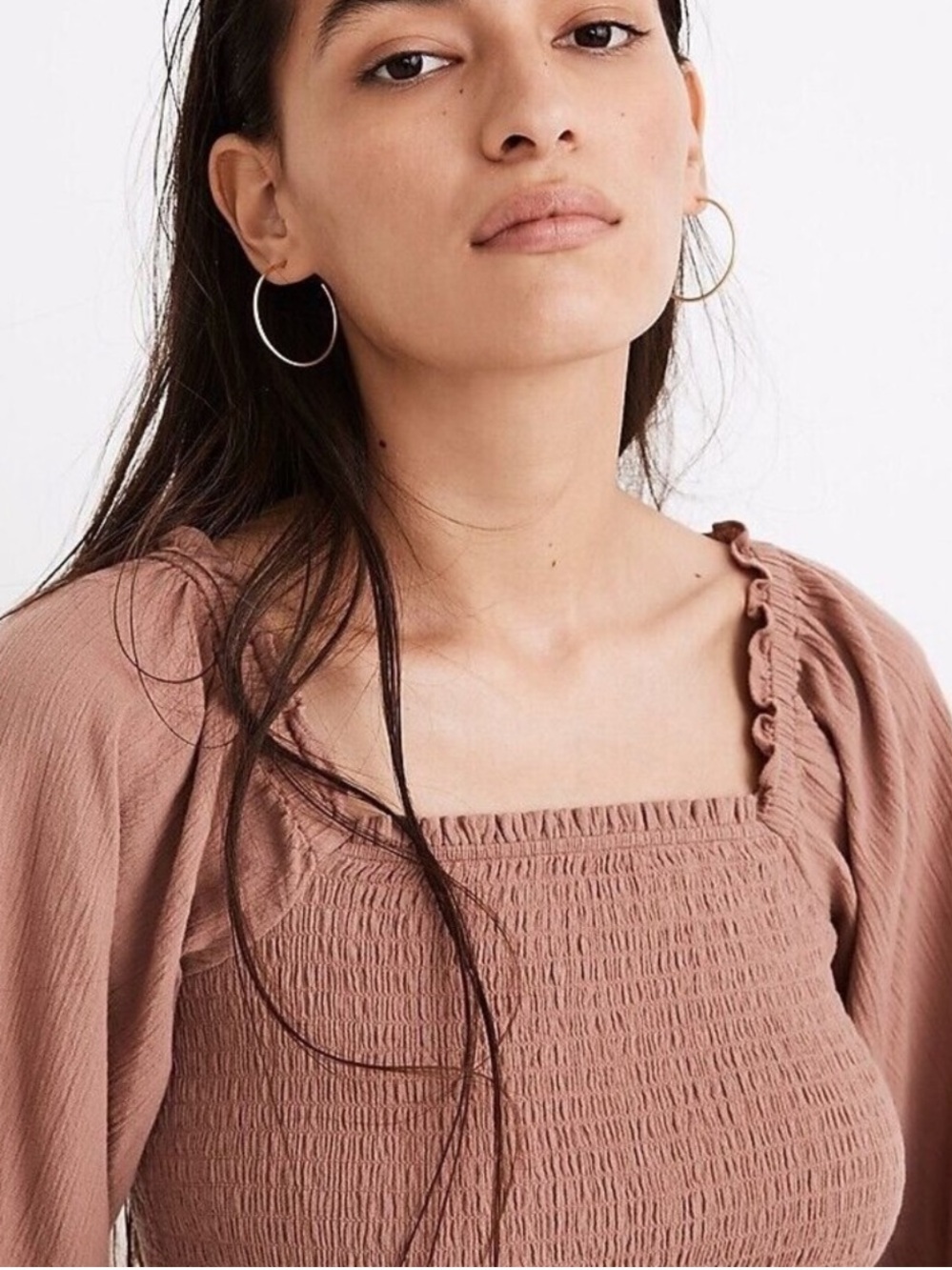 Madewell Babydoll Smocked Square Neck Puff Sleeve Peplum Top in Dusty Rose - Picture 2 of 15